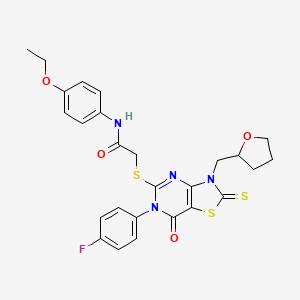 molecular formula C26H25FN4O4S3 B6523655 N-(4-ethoxyphenyl)-2-{[6-(4-fluorophenyl)-7-oxo-3-[(oxolan-2-yl)methyl]-2-sulfanylidene-2H,3H,6H,7H-[1,3]thiazolo[4,5-d]pyrimidin-5-yl]sulfanyl}acetamide CAS No. 422526-07-6