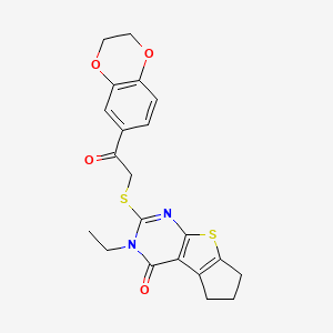 molecular formula C21H20N2O4S2 B6524313 10-{[2-(2,3-dihydro-1,4-benzodioxin-6-yl)-2-oxoethyl]sulfanyl}-11-ethyl-7-thia-9,11-diazatricyclo[6.4.0.0^{2,6}]dodeca-1(8),2(6),9-trien-12-one CAS No. 683780-32-7