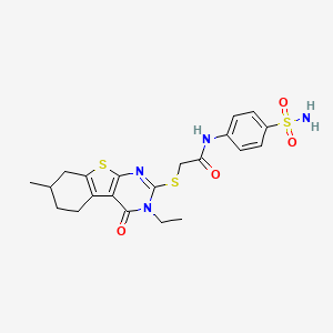 molecular formula C21H24N4O4S3 B6525882 2-({4-ethyl-11-methyl-3-oxo-8-thia-4,6-diazatricyclo[7.4.0.0^{2,7}]trideca-1(9),2(7),5-trien-5-yl}sulfanyl)-N-(4-sulfamoylphenyl)acetamide CAS No. 1012770-43-2