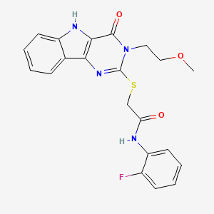 molecular formula C21H19FN4O3S B6526313 N-(2-fluorophenyl)-2-{[3-(2-methoxyethyl)-4-oxo-3H,4H,5H-pyrimido[5,4-b]indol-2-yl]sulfanyl}acetamide CAS No. 888437-39-6