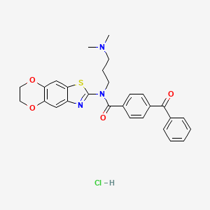 molecular formula C28H28ClN3O4S B6526429 4-benzoyl-N-[3-(dimethylamino)propyl]-N-{10,13-dioxa-4-thia-6-azatricyclo[7.4.0.0^{3,7}]trideca-1,3(7),5,8-tetraen-5-yl}benzamide hydrochloride CAS No. 1135136-57-0