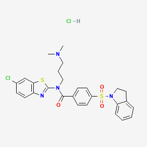 molecular formula C27H28Cl2N4O3S2 B6526541 N-(6-chloro-1,3-benzothiazol-2-yl)-4-(2,3-dihydro-1H-indole-1-sulfonyl)-N-[3-(dimethylamino)propyl]benzamide hydrochloride CAS No. 1135206-37-9