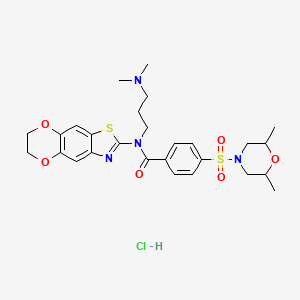 molecular formula C27H35ClN4O6S2 B6526550 N-[3-(dimethylamino)propyl]-4-[(2,6-dimethylmorpholin-4-yl)sulfonyl]-N-{10,13-dioxa-4-thia-6-azatricyclo[7.4.0.0^{3,7}]trideca-1,3(7),5,8-tetraen-5-yl}benzamide hydrochloride CAS No. 1135140-75-8