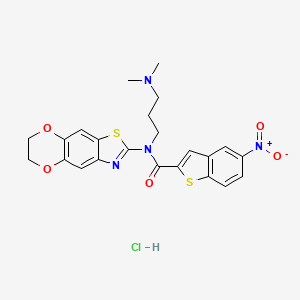 molecular formula C23H23ClN4O5S2 B6526616 N-[3-(dimethylamino)propyl]-N-{10,13-dioxa-4-thia-6-azatricyclo[7.4.0.0^{3,7}]trideca-1,3(7),5,8-tetraen-5-yl}-5-nitro-1-benzothiophene-2-carboxamide hydrochloride CAS No. 1135209-52-7
