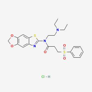 molecular formula C23H28ClN3O5S2 B6526725 3-(benzenesulfonyl)-N-[2-(diethylamino)ethyl]-N-{4,6-dioxa-10-thia-12-azatricyclo[7.3.0.0^{3,7}]dodeca-1(9),2,7,11-tetraen-11-yl}propanamide hydrochloride CAS No. 1135195-71-9