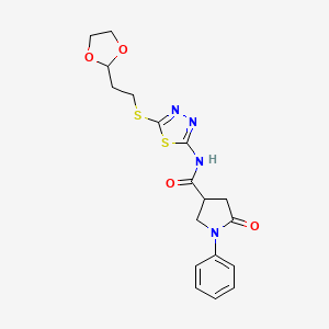 molecular formula C18H20N4O4S2 B6526743 N-(5-{[2-(1,3-dioxolan-2-yl)ethyl]sulfanyl}-1,3,4-thiadiazol-2-yl)-5-oxo-1-phenylpyrrolidine-3-carboxamide CAS No. 893942-97-7