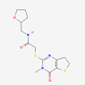 molecular formula C14H19N3O3S2 B6527056 2-({3-methyl-4-oxo-3H,4H,6H,7H-thieno[3,2-d]pyrimidin-2-yl}sulfanyl)-N-[(oxolan-2-yl)methyl]acetamide CAS No. 893360-85-5