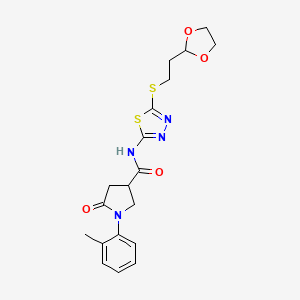 molecular formula C19H22N4O4S2 B6527163 N-(5-{[2-(1,3-dioxolan-2-yl)ethyl]sulfanyl}-1,3,4-thiadiazol-2-yl)-1-(2-methylphenyl)-5-oxopyrrolidine-3-carboxamide CAS No. 893950-06-6