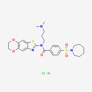 molecular formula C27H35ClN4O5S2 B6527306 4-(azepane-1-sulfonyl)-N-[3-(dimethylamino)propyl]-N-{10,13-dioxa-4-thia-6-azatricyclo[7.4.0.0^{3,7}]trideca-1,3(7),5,8-tetraen-5-yl}benzamide hydrochloride CAS No. 1135131-00-8
