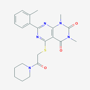 molecular formula C22H25N5O3S B6527589 1,3-dimethyl-7-(2-methylphenyl)-5-{[2-oxo-2-(piperidin-1-yl)ethyl]sulfanyl}-1H,2H,3H,4H-[1,3]diazino[4,5-d]pyrimidine-2,4-dione CAS No. 893920-92-8
