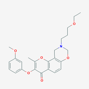molecular formula C24H27NO6 B6528331 9-(3-ethoxypropyl)-3-(3-methoxyphenoxy)-2-methyl-4H,8H,9H,10H-chromeno[8,7-e][1,3]oxazin-4-one CAS No. 946294-25-3