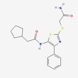 molecular formula C18H21N3O2S2 B6528447 2-{[5-(2-cyclopentylacetamido)-4-phenyl-1,3-thiazol-2-yl]sulfanyl}acetamide CAS No. 946210-63-5