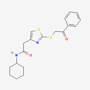molecular formula C19H22N2O2S2 B6530022 N-cyclohexyl-2-{2-[(2-oxo-2-phenylethyl)sulfanyl]-1,3-thiazol-4-yl}acetamide CAS No. 946277-41-4
