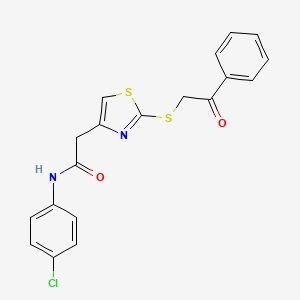 molecular formula C19H15ClN2O2S2 B6530031 N-(4-chlorophenyl)-2-{2-[(2-oxo-2-phenylethyl)sulfanyl]-1,3-thiazol-4-yl}acetamide CAS No. 946241-64-1