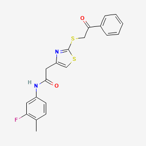 molecular formula C20H17FN2O2S2 B6530036 N-(3-fluoro-4-methylphenyl)-2-{2-[(2-oxo-2-phenylethyl)sulfanyl]-1,3-thiazol-4-yl}acetamide CAS No. 946199-12-8