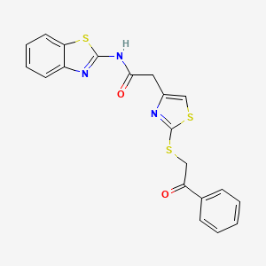 molecular formula C20H15N3O2S3 B6530044 N-(1,3-benzothiazol-2-yl)-2-{2-[(2-oxo-2-phenylethyl)sulfanyl]-1,3-thiazol-4-yl}acetamide CAS No. 946199-18-4