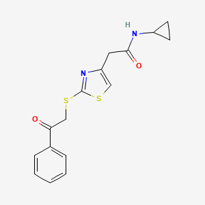 molecular formula C16H16N2O2S2 B6530058 N-cyclopropyl-2-{2-[(2-oxo-2-phenylethyl)sulfanyl]-1,3-thiazol-4-yl}acetamide CAS No. 946199-30-0