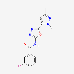 molecular formula C14H12FN5O2 B6534895 N-[5-(1,3-dimethyl-1H-pyrazol-5-yl)-1,3,4-oxadiazol-2-yl]-3-fluorobenzamide CAS No. 1170049-33-8