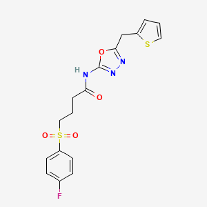 molecular formula C17H16FN3O4S2 B6535183 4-(4-fluorobenzenesulfonyl)-N-{5-[(thiophen-2-yl)methyl]-1,3,4-oxadiazol-2-yl}butanamide CAS No. 1021263-13-7