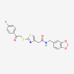 molecular formula C21H17FN2O4S2 B6535267 N-[(2H-1,3-benzodioxol-5-yl)methyl]-2-(2-{[2-(4-fluorophenyl)-2-oxoethyl]sulfanyl}-1,3-thiazol-4-yl)acetamide CAS No. 1049231-21-1