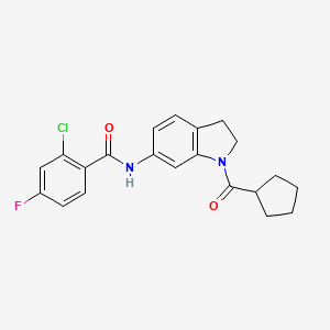 molecular formula C21H20ClFN2O2 B6535996 2-chloro-N-(1-cyclopentanecarbonyl-2,3-dihydro-1H-indol-6-yl)-4-fluorobenzamide CAS No. 1021207-29-3
