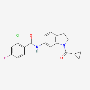 molecular formula C19H16ClFN2O2 B6536222 2-chloro-N-(1-cyclopropanecarbonyl-2,3-dihydro-1H-indol-6-yl)-4-fluorobenzamide CAS No. 1021207-64-6