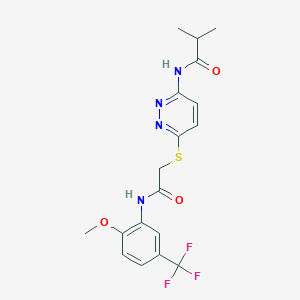 molecular formula C18H19F3N4O3S B6538009 N-{6-[({[2-methoxy-5-(trifluoromethyl)phenyl]carbamoyl}methyl)sulfanyl]pyridazin-3-yl}-2-methylpropanamide CAS No. 1021214-59-4