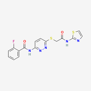 molecular formula C16H12FN5O2S2 B6541242 2-fluoro-N-[6-({[(1,3-thiazol-2-yl)carbamoyl]methyl}sulfanyl)pyridazin-3-yl]benzamide CAS No. 1021265-21-3
