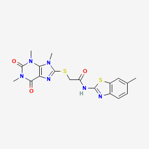 molecular formula C18H18N6O3S2 B6546377 N-(6-methyl-1,3-benzothiazol-2-yl)-2-[(1,3,9-trimethyl-2,6-dioxo-2,3,6,9-tetrahydro-1H-purin-8-yl)sulfanyl]acetamide CAS No. 897453-89-3