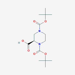 molecular formula C15H26N2O6 B065492 (R)-1,4-Bis(tert-butoxycarbonyl)piperazine-2-carboxylic acid CAS No. 173774-48-6