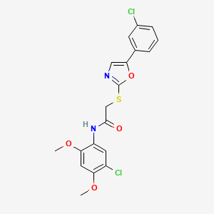 molecular formula C19H16Cl2N2O4S B6551252 N-(5-chloro-2,4-dimethoxyphenyl)-2-{[5-(3-chlorophenyl)-1,3-oxazol-2-yl]sulfanyl}acetamide CAS No. 1040666-39-4