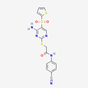 molecular formula C17H13N5O3S3 B6552640 2-{[4-amino-5-(thiophene-2-sulfonyl)pyrimidin-2-yl]sulfanyl}-N-(4-cyanophenyl)acetamide CAS No. 1040656-69-6