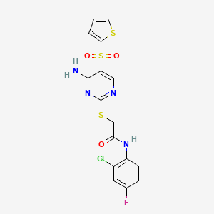 molecular formula C16H12ClFN4O3S3 B6552665 2-{[4-amino-5-(thiophene-2-sulfonyl)pyrimidin-2-yl]sulfanyl}-N-(2-chloro-4-fluorophenyl)acetamide CAS No. 1040657-11-1