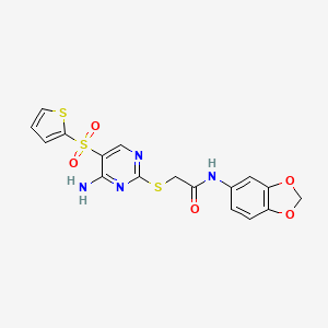 molecular formula C17H14N4O5S3 B6552684 2-{[4-amino-5-(thiophene-2-sulfonyl)pyrimidin-2-yl]sulfanyl}-N-(2H-1,3-benzodioxol-5-yl)acetamide CAS No. 1040657-51-9