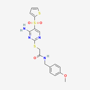molecular formula C18H18N4O4S3 B6552703 2-{[4-amino-5-(thiophene-2-sulfonyl)pyrimidin-2-yl]sulfanyl}-N-[(4-methoxyphenyl)methyl]acetamide CAS No. 1040657-75-7