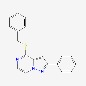 molecular formula C19H15N3S B6552711 4-(benzylsulfanyl)-2-phenylpyrazolo[1,5-a]pyrazine CAS No. 1040658-08-9