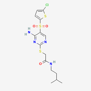 molecular formula C15H19ClN4O3S3 B6552716 2-({4-amino-5-[(5-chlorothiophen-2-yl)sulfonyl]pyrimidin-2-yl}sulfanyl)-N-(3-methylbutyl)acetamide CAS No. 1040658-03-4