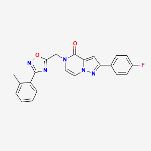 molecular formula C22H16FN5O2 B6552936 2-(4-fluorophenyl)-5-{[3-(2-methylphenyl)-1,2,4-oxadiazol-5-yl]methyl}-4H,5H-pyrazolo[1,5-a]pyrazin-4-one CAS No. 1040634-88-5