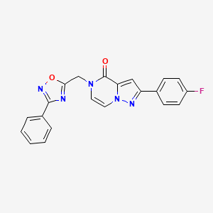 molecular formula C21H14FN5O2 B6552938 2-(4-fluorophenyl)-5-[(3-phenyl-1,2,4-oxadiazol-5-yl)methyl]-4H,5H-pyrazolo[1,5-a]pyrazin-4-one CAS No. 1040634-80-7