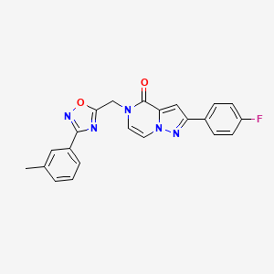 molecular formula C22H16FN5O2 B6552945 2-(4-fluorophenyl)-5-{[3-(3-methylphenyl)-1,2,4-oxadiazol-5-yl]methyl}-4H,5H-pyrazolo[1,5-a]pyrazin-4-one CAS No. 1040634-96-5