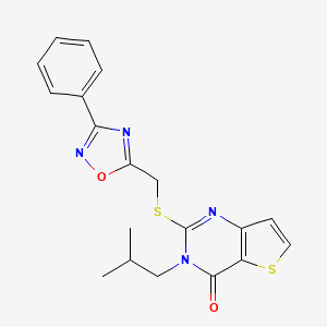 molecular formula C19H18N4O2S2 B6553666 3-(2-methylpropyl)-2-{[(3-phenyl-1,2,4-oxadiazol-5-yl)methyl]sulfanyl}-3H,4H-thieno[3,2-d]pyrimidin-4-one CAS No. 1040673-68-4