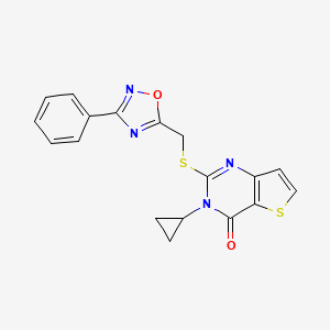 molecular formula C18H14N4O2S2 B6553717 3-cyclopropyl-2-{[(3-phenyl-1,2,4-oxadiazol-5-yl)methyl]sulfanyl}-3H,4H-thieno[3,2-d]pyrimidin-4-one CAS No. 1040674-40-5
