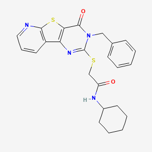 2-({5-benzyl-6-oxo-8-thia-3,5,10-triazatricyclo[7.4.0.0^{2,7}]trideca-1(9),2(7),3,10,12-pentaen-4-yl}sulfanyl)-N-cyclohexylacetamide