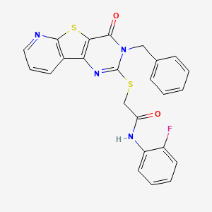 2-({5-benzyl-6-oxo-8-thia-3,5,10-triazatricyclo[7.4.0.0^{2,7}]trideca-1(9),2(7),3,10,12-pentaen-4-yl}sulfanyl)-N-(2-fluorophenyl)acetamide