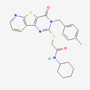 molecular formula C25H26N4O2S2 B6554530 N-cyclohexyl-2-({5-[(4-methylphenyl)methyl]-6-oxo-8-thia-3,5,10-triazatricyclo[7.4.0.0^{2,7}]trideca-1(9),2(7),3,10,12-pentaen-4-yl}sulfanyl)acetamide CAS No. 1040637-64-6