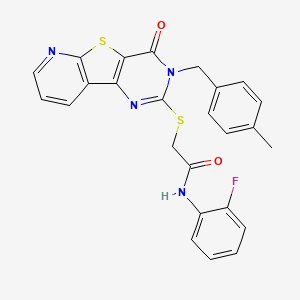 N-(2-fluorophenyl)-2-({5-[(4-methylphenyl)methyl]-6-oxo-8-thia-3,5,10-triazatricyclo[7.4.0.0^{2,7}]trideca-1(9),2(7),3,10,12-pentaen-4-yl}sulfanyl)acetamide