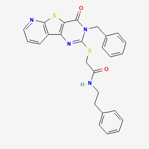 2-({5-benzyl-6-oxo-8-thia-3,5,10-triazatricyclo[7.4.0.0^{2,7}]trideca-1(9),2(7),3,10,12-pentaen-4-yl}sulfanyl)-N-(2-phenylethyl)acetamide