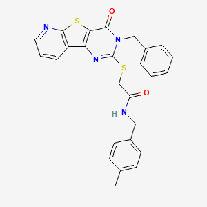 2-({5-benzyl-6-oxo-8-thia-3,5,10-triazatricyclo[7.4.0.0^{2,7}]trideca-1(9),2(7),3,10,12-pentaen-4-yl}sulfanyl)-N-[(4-methylphenyl)methyl]acetamide