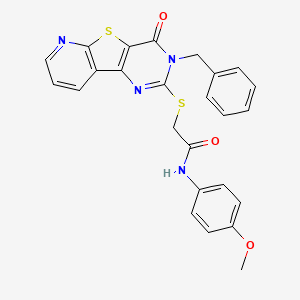 2-({5-benzyl-6-oxo-8-thia-3,5,10-triazatricyclo[7.4.0.0^{2,7}]trideca-1(9),2(7),3,10,12-pentaen-4-yl}sulfanyl)-N-(4-methoxyphenyl)acetamide