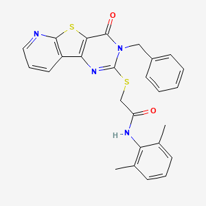 2-({5-benzyl-6-oxo-8-thia-3,5,10-triazatricyclo[7.4.0.0^{2,7}]trideca-1(9),2(7),3,10,12-pentaen-4-yl}sulfanyl)-N-(2,6-dimethylphenyl)acetamide